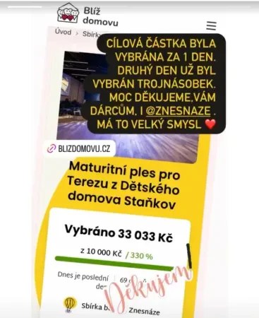 Sbírka pro maturantku Terezku se vysbírala za den. Děkujeme.